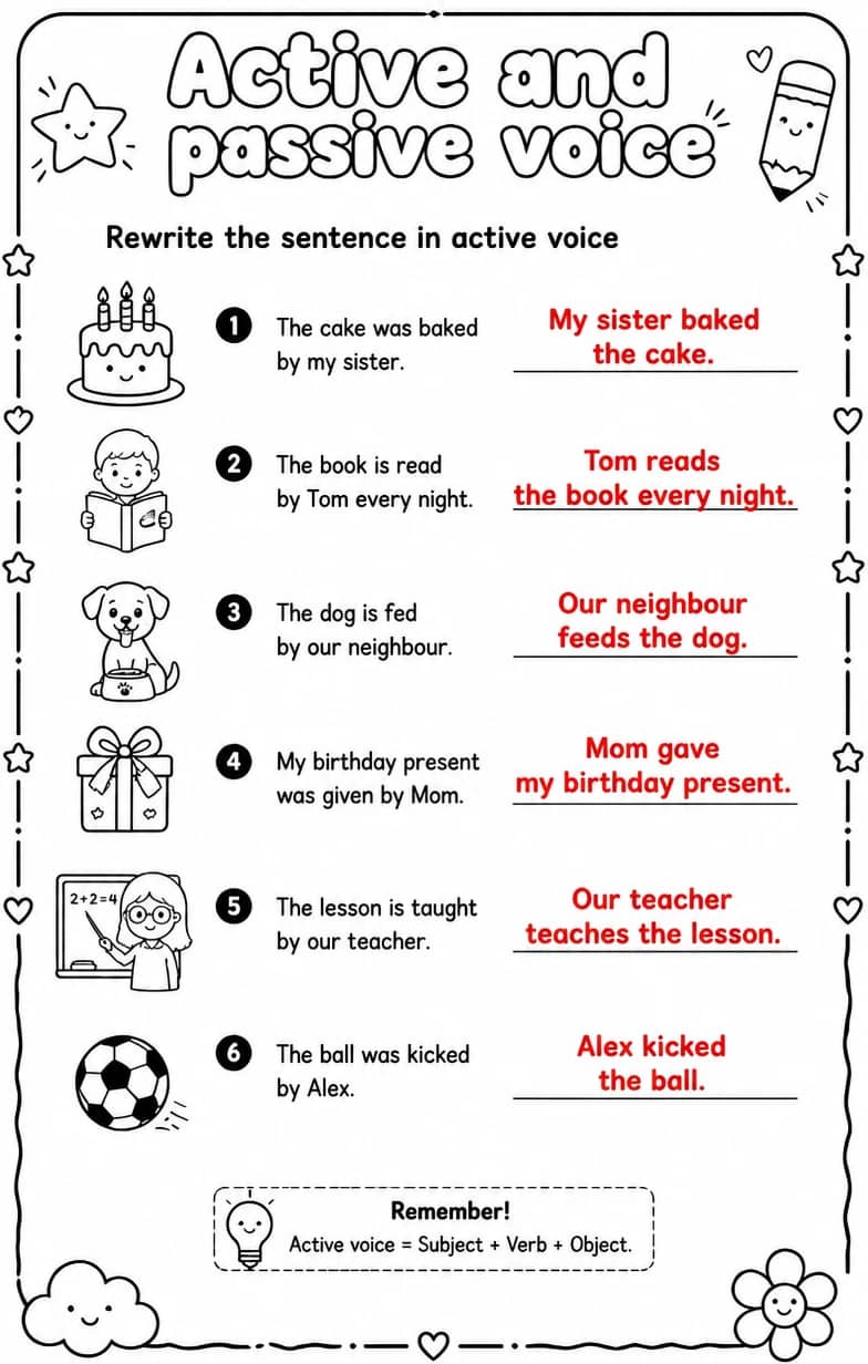 Answer key for Rewrite the sentence in active voice — free printable English & Reading worksheet