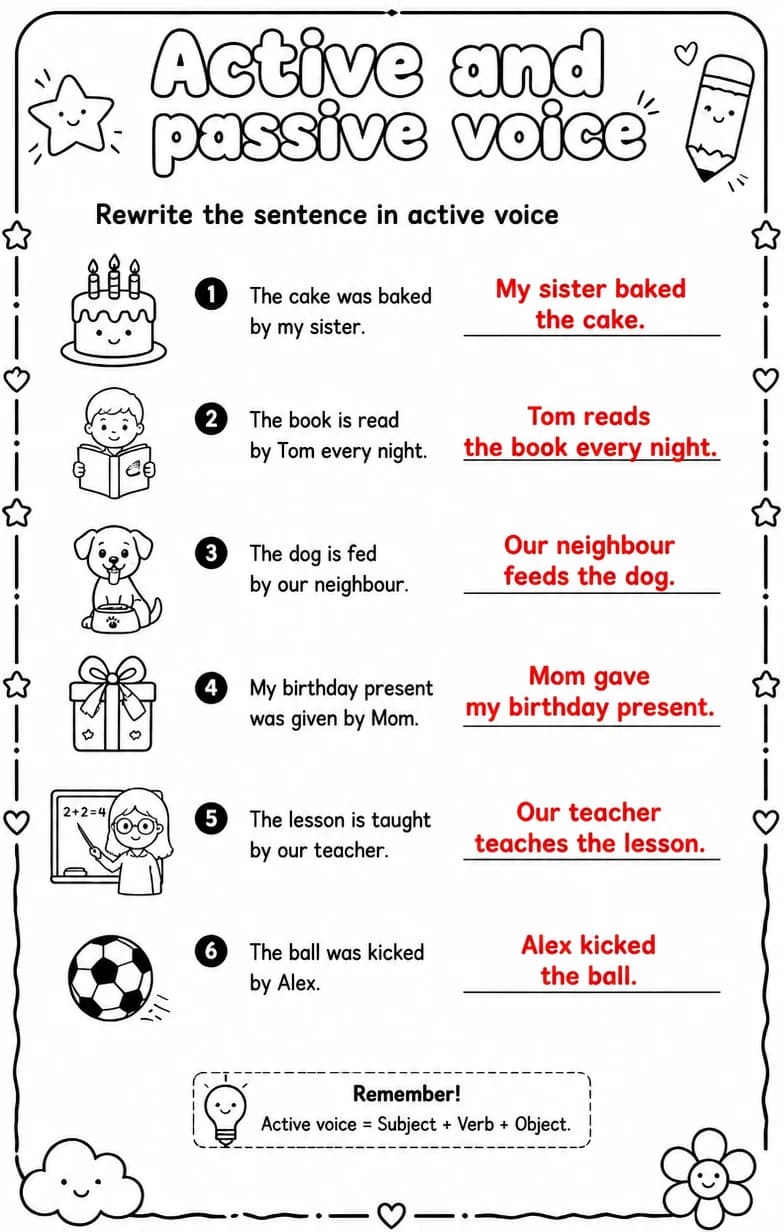 Answer key for Rewrite the sentence in active voice — free printable English & Reading worksheet