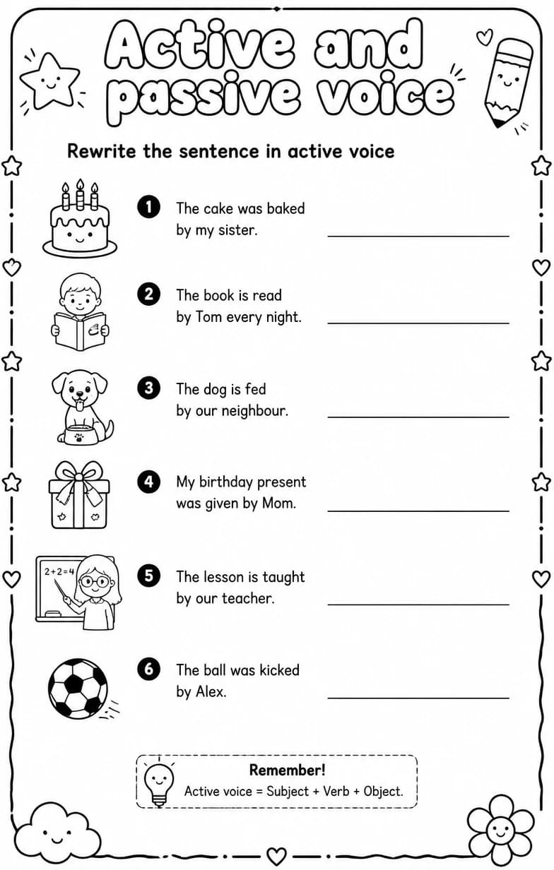 Rewrite the sentence in active voice — free printable High School English & Reading worksheet