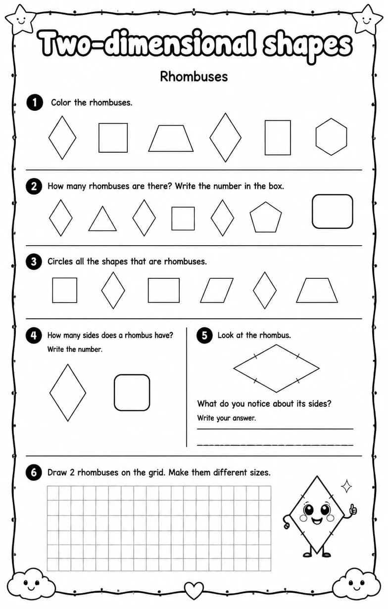 Rhombuses — free printable Grade 1 Math worksheet