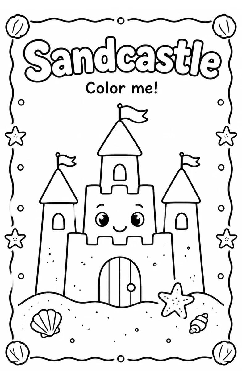 Sandcastle Coloring Pages — free printable Kindergarten Art worksheet
