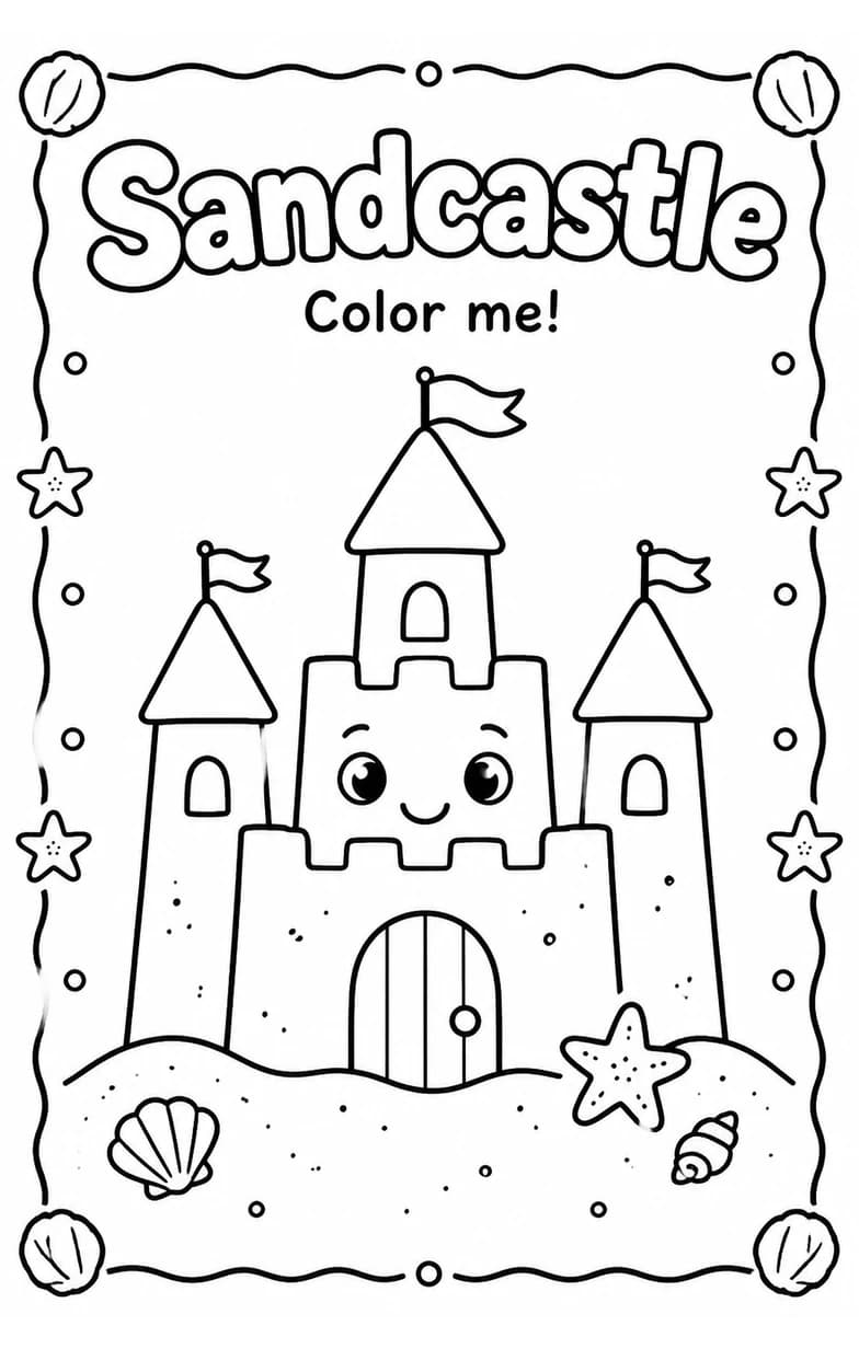 Sandcastle Coloring Pages — free printable Kindergarten Art worksheet