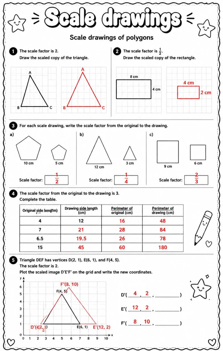 Answer key for Scale drawings of polygons — free printable Math worksheet