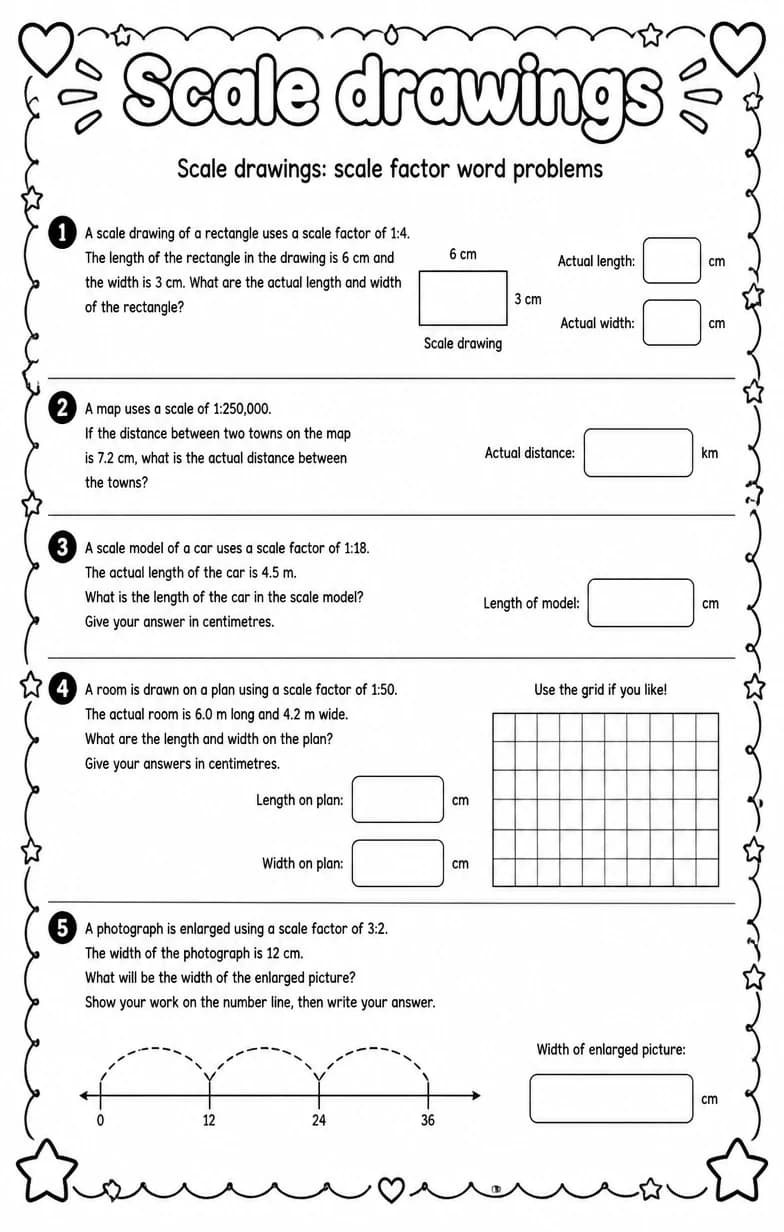 Scale drawings: scale factor word problems — free printable Grade 7 math worksheet