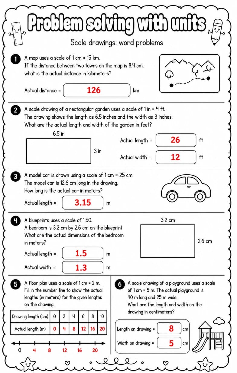 Answer key for Scale drawings: word problems — free printable Math worksheet