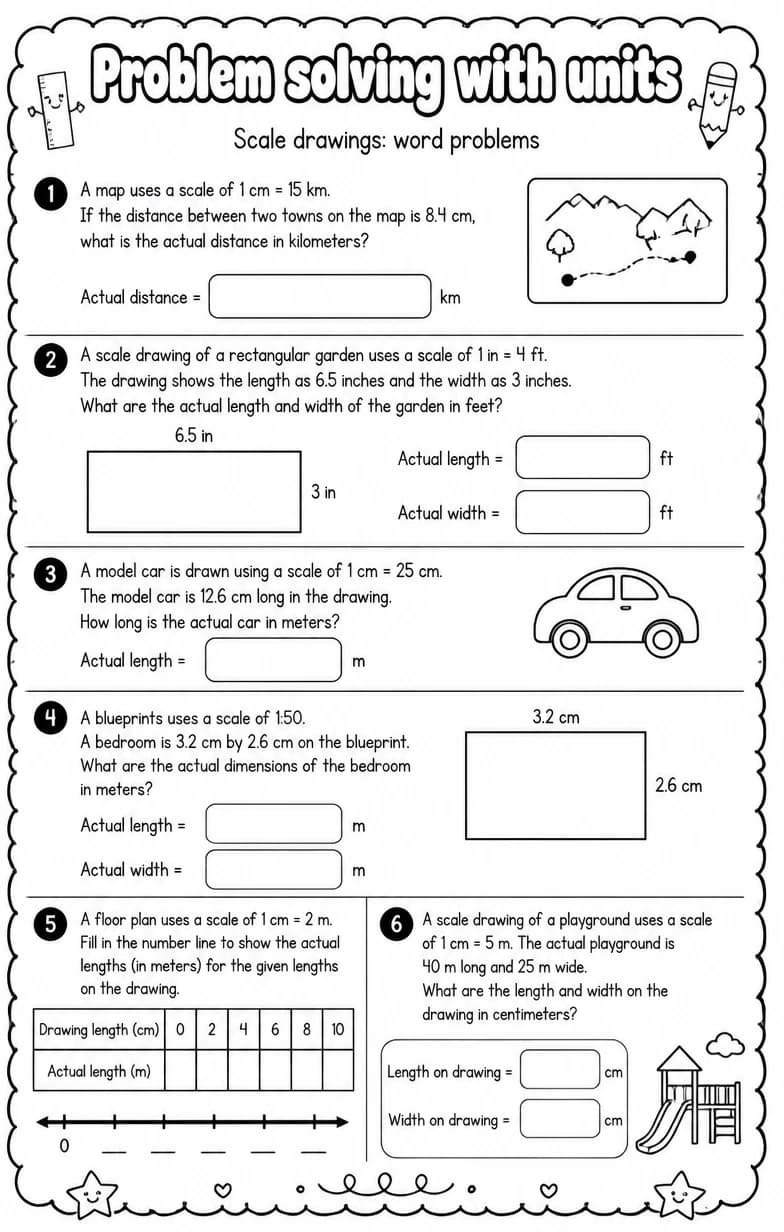 Scale drawings: word problems — free printable Algebra 1 math worksheet