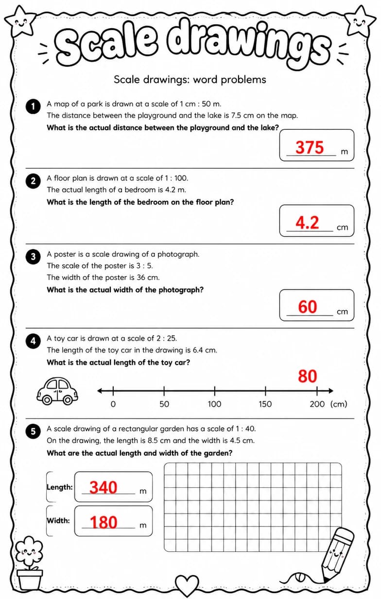Answer key for Scale drawings: word problems — free printable Math worksheet