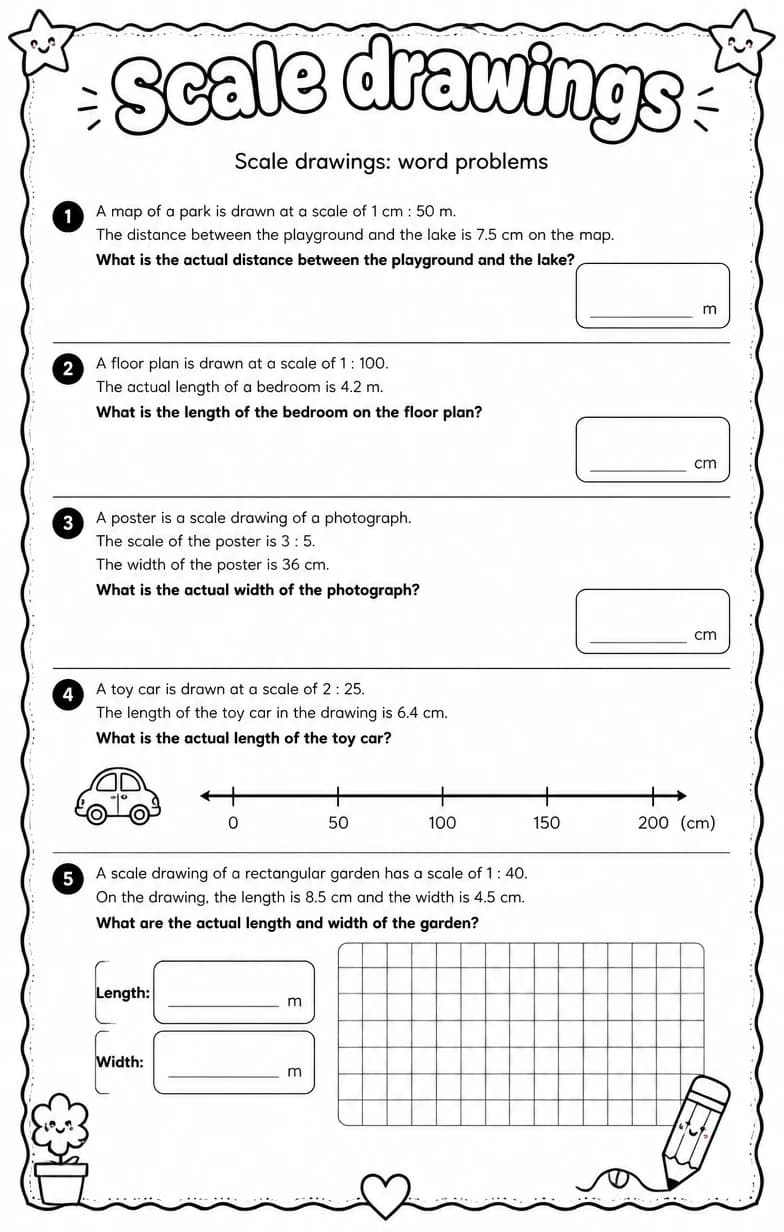 Scale drawings: word problems — free printable Grade 7 math worksheet