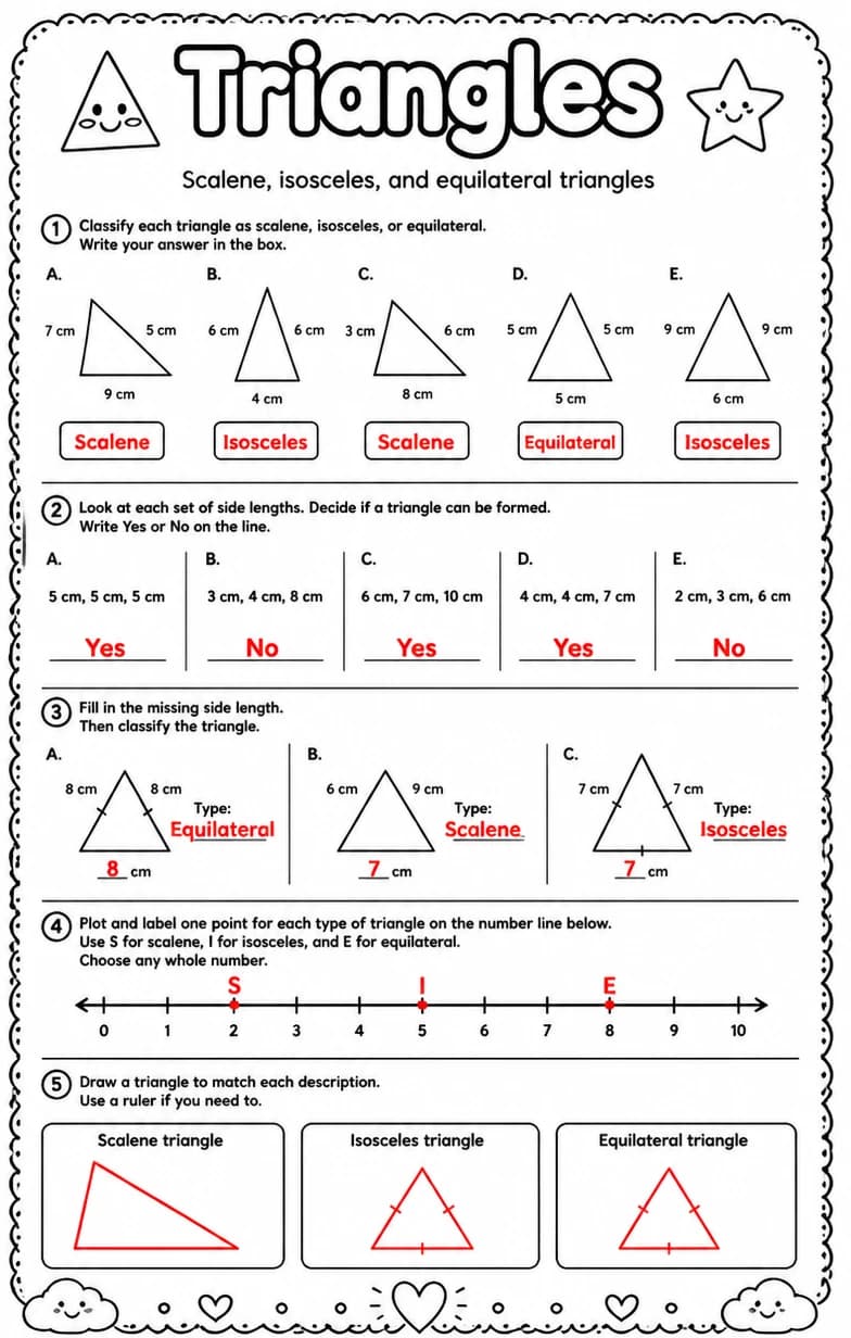 Answer key for Scalene, isosceles, and equilateral triangles — free printable Math worksheet