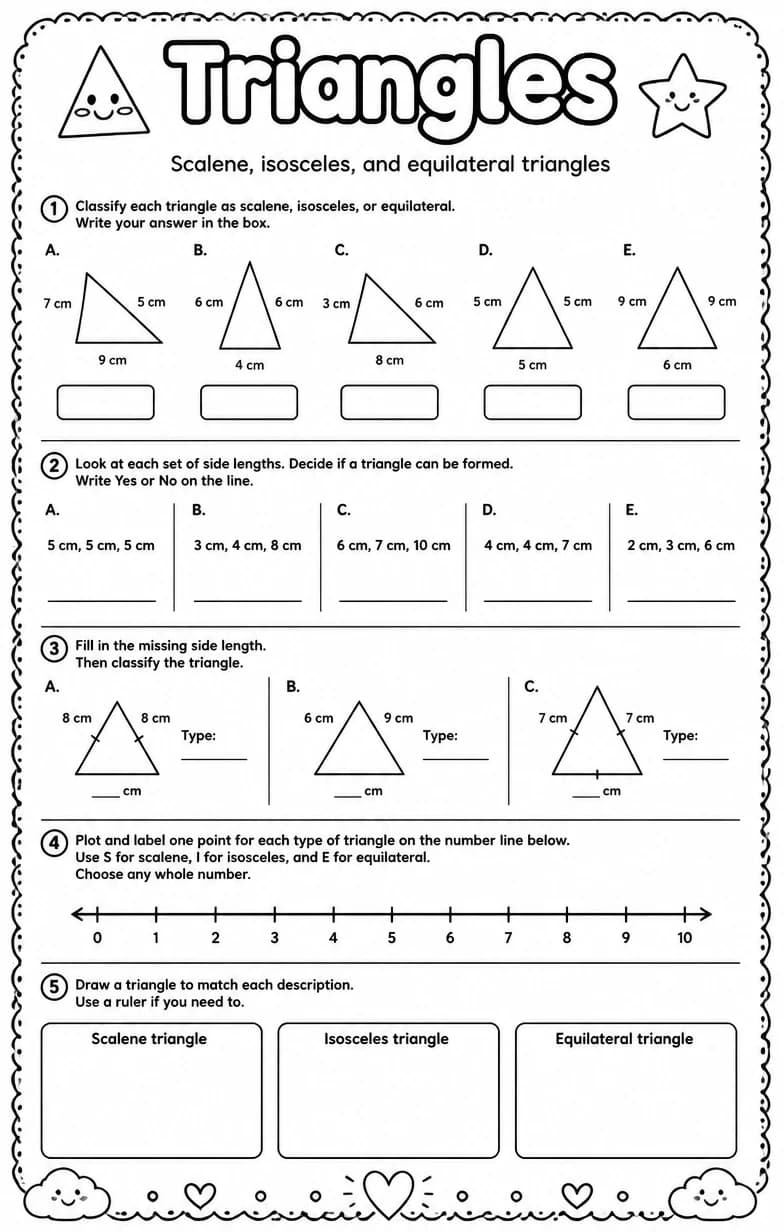 Scalene, isosceles, and equilateral triangles — free printable Grade 5 Math worksheet