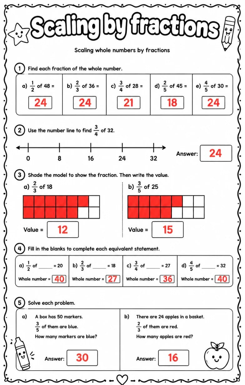 Answer key for Scaling whole numbers by fractions — free printable Math worksheet