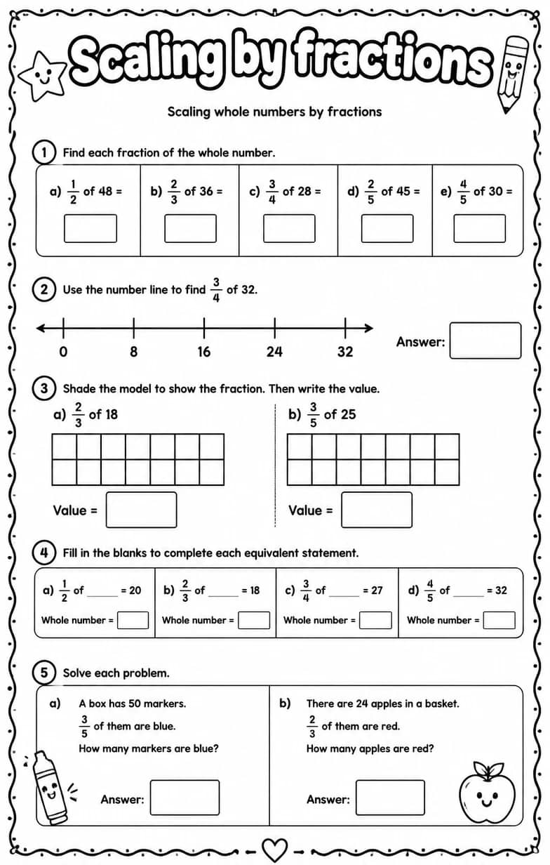 Scaling whole numbers by fractions — free printable Grade 5 math worksheet