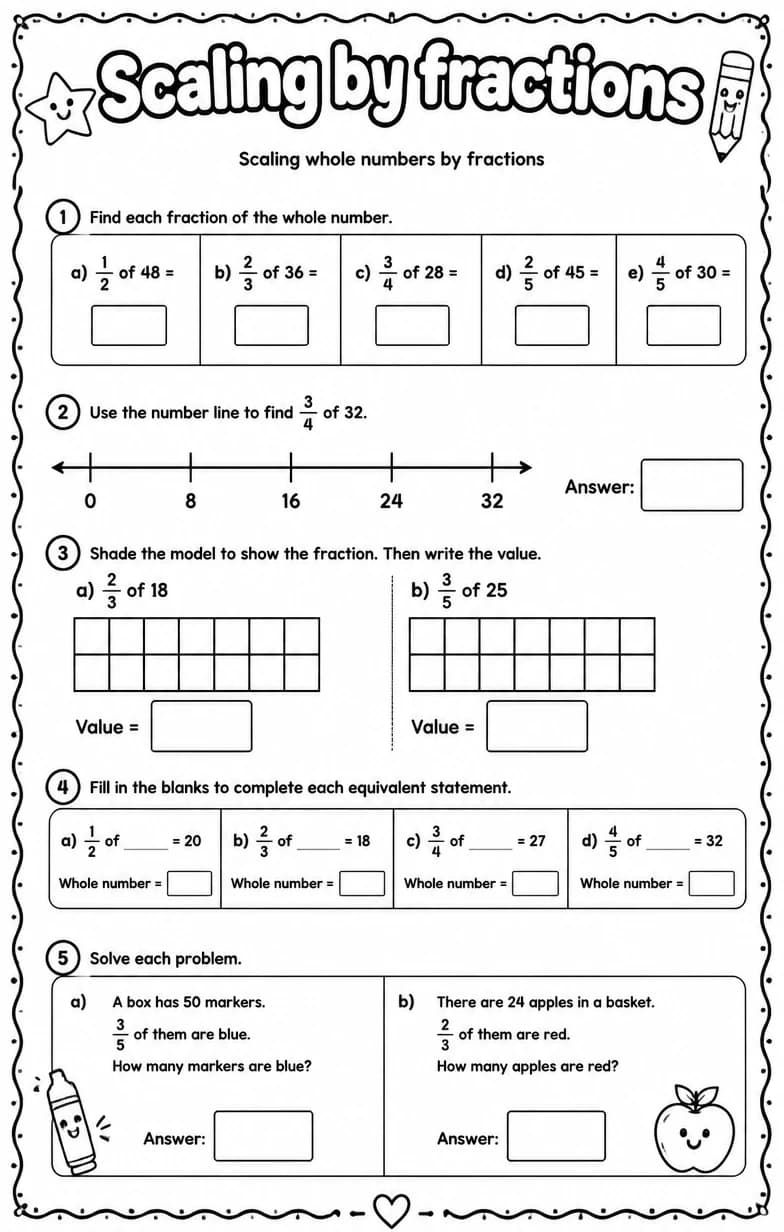 Scaling whole numbers by fractions — free printable Grade 5 Math worksheet