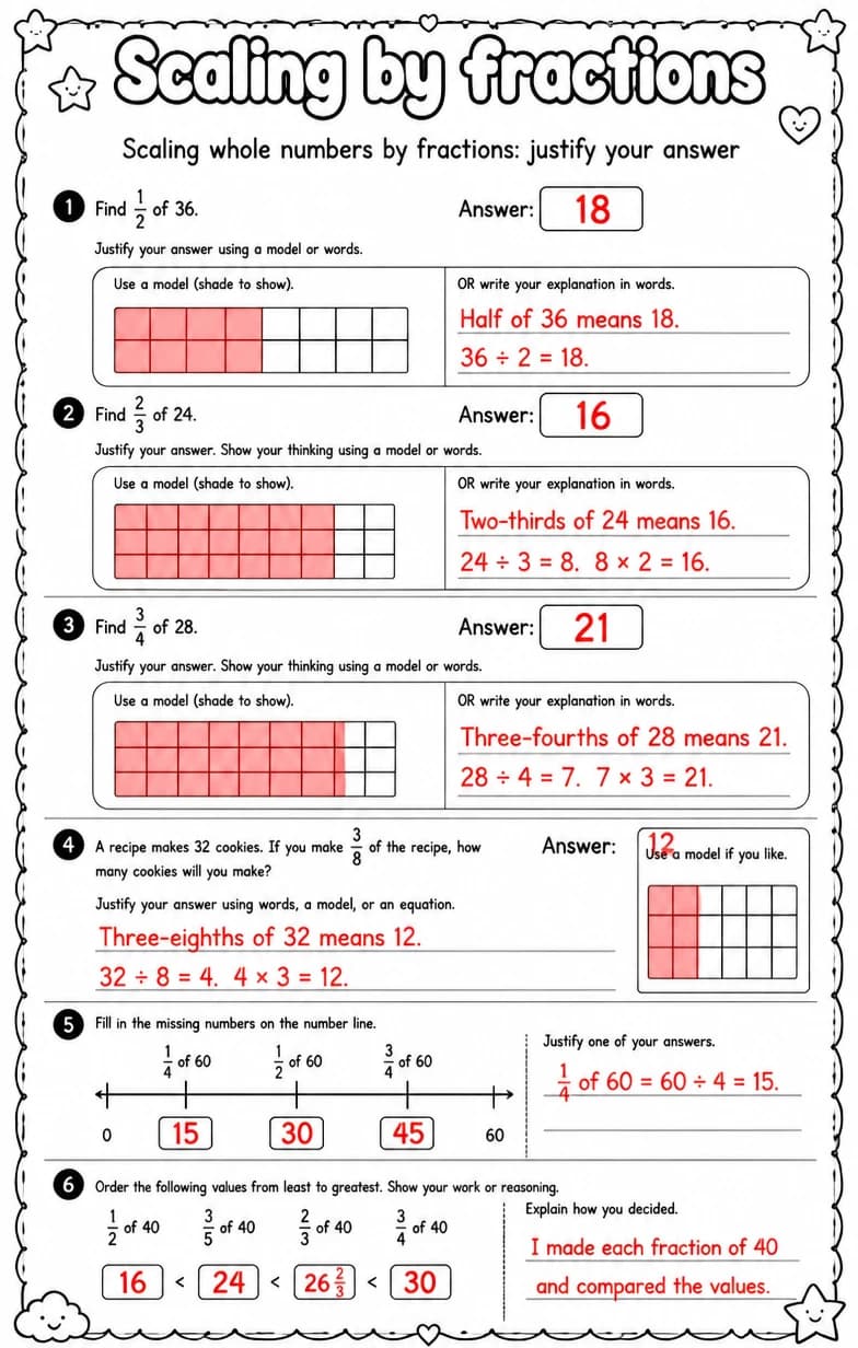 Answer key for Scaling whole numbers by fractions: justify your answer — free printable Math worksheet