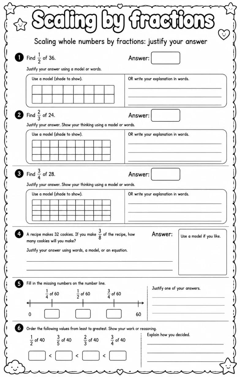 Scaling whole numbers by fractions: justify your answer — free printable Grade 5 math worksheet