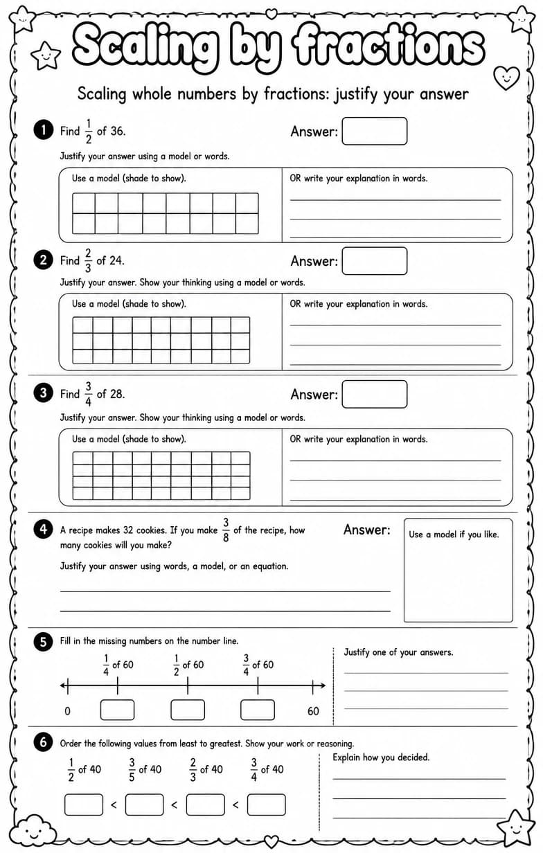 Scaling whole numbers by fractions: justify your answer — free printable Grade 5 Math worksheet