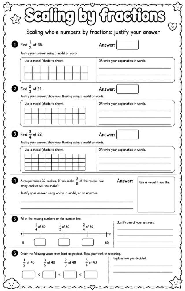 Scaling whole numbers by fractions: justify your answer