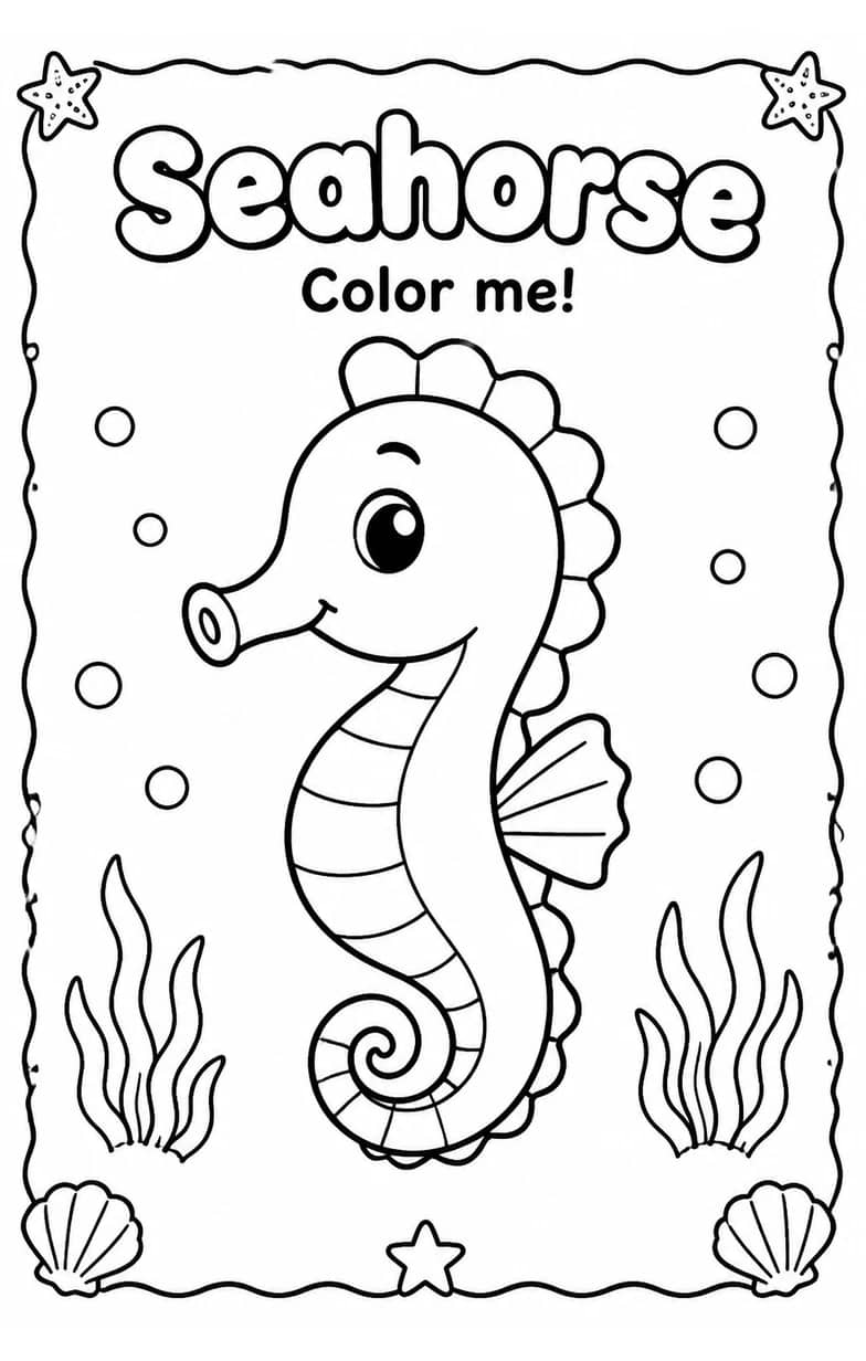 Seahorse Coloring Pages — free printable Kindergarten Art worksheet