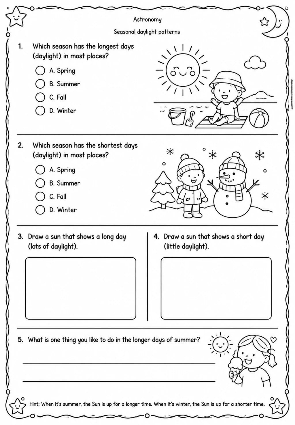 Seasonal daylight patterns — free printable Kindergarten Science worksheet