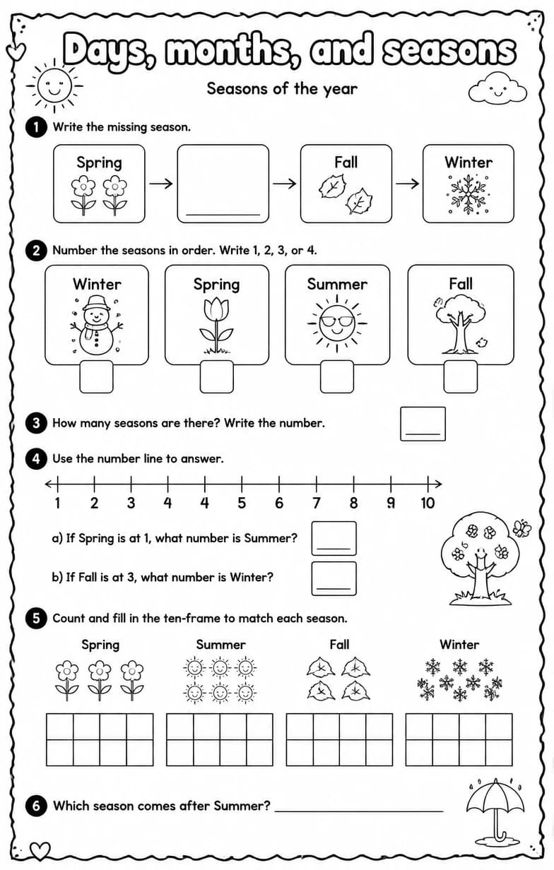 Seasons of the year — free printable Grade 1 Math worksheet