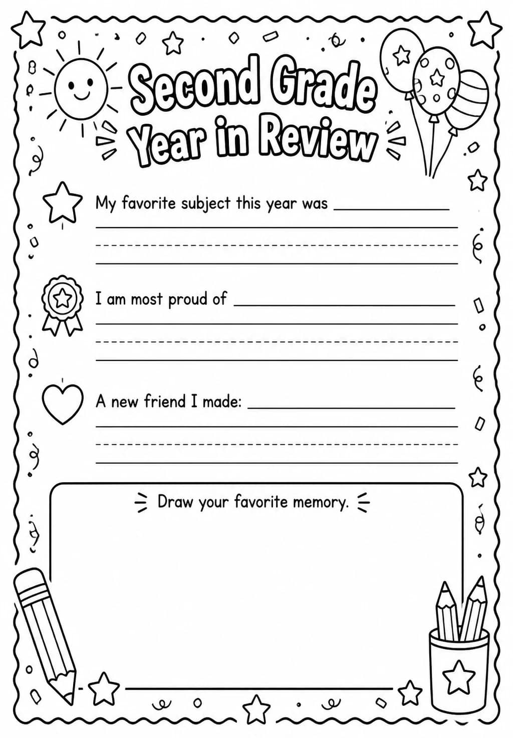 Second Grade Year in Review — free printable Grade 2 Social-Emotional Learning worksheet
