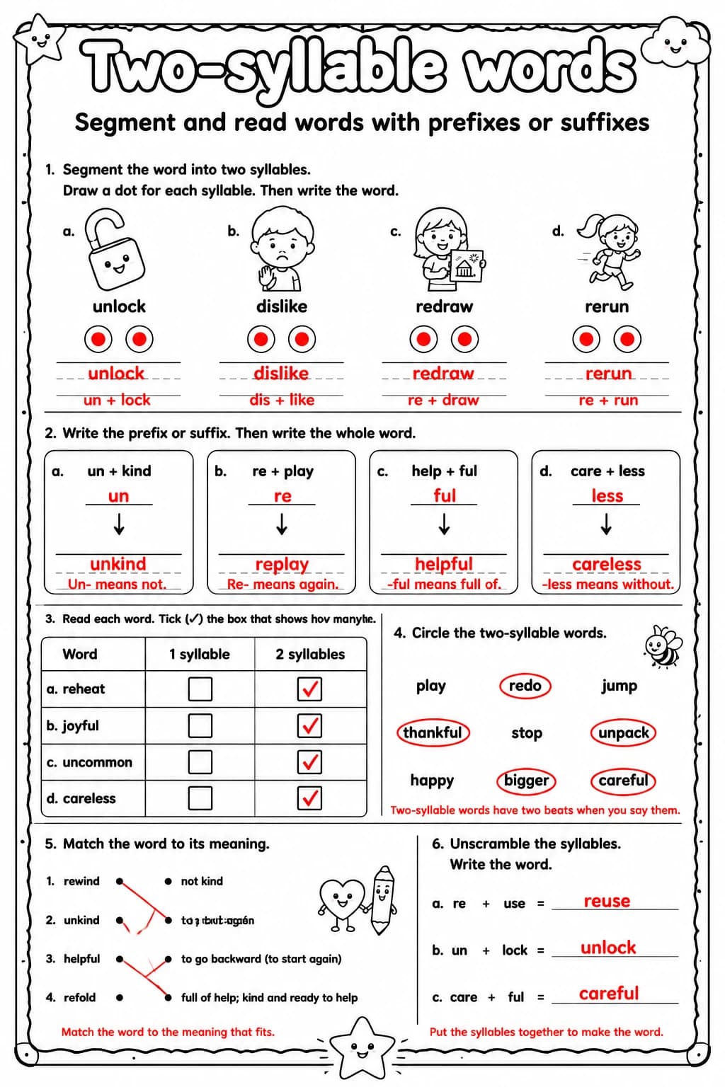 Answer key for Segment and read words with prefixes or suffixes — free printable English & Reading worksheet