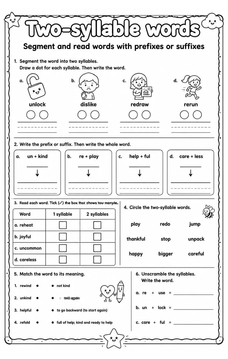 Segment and read words with prefixes or suffixes — free printable Reading foundations English worksheet