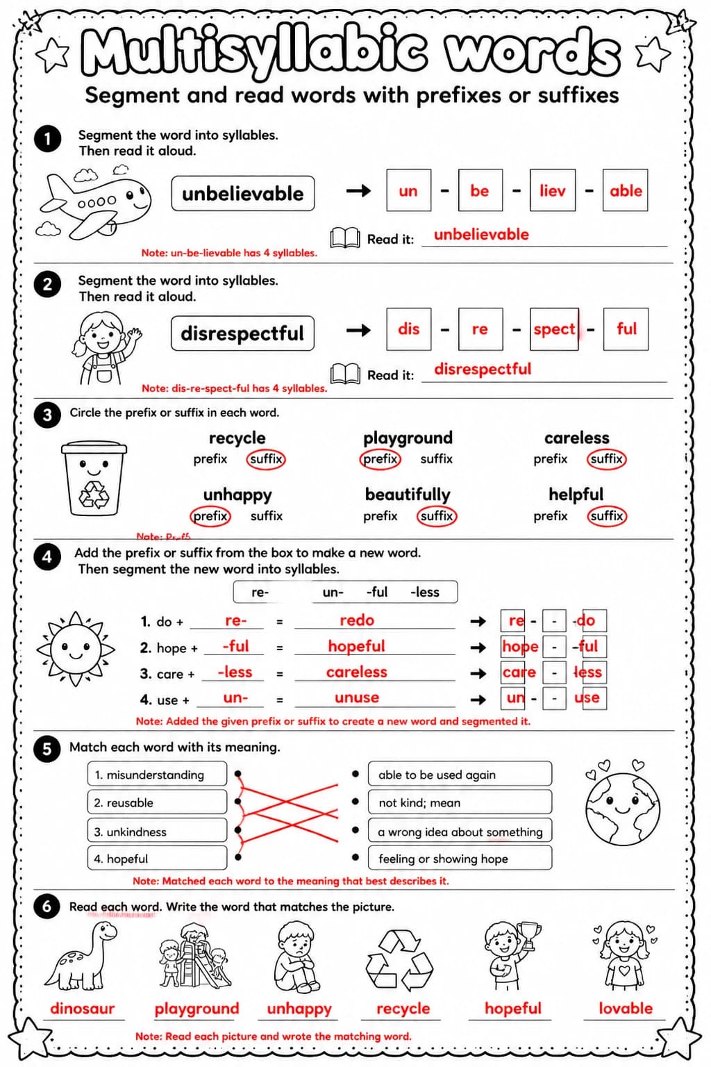 Answer key for Segment and read words with prefixes or suffixes — free printable English & Reading worksheet