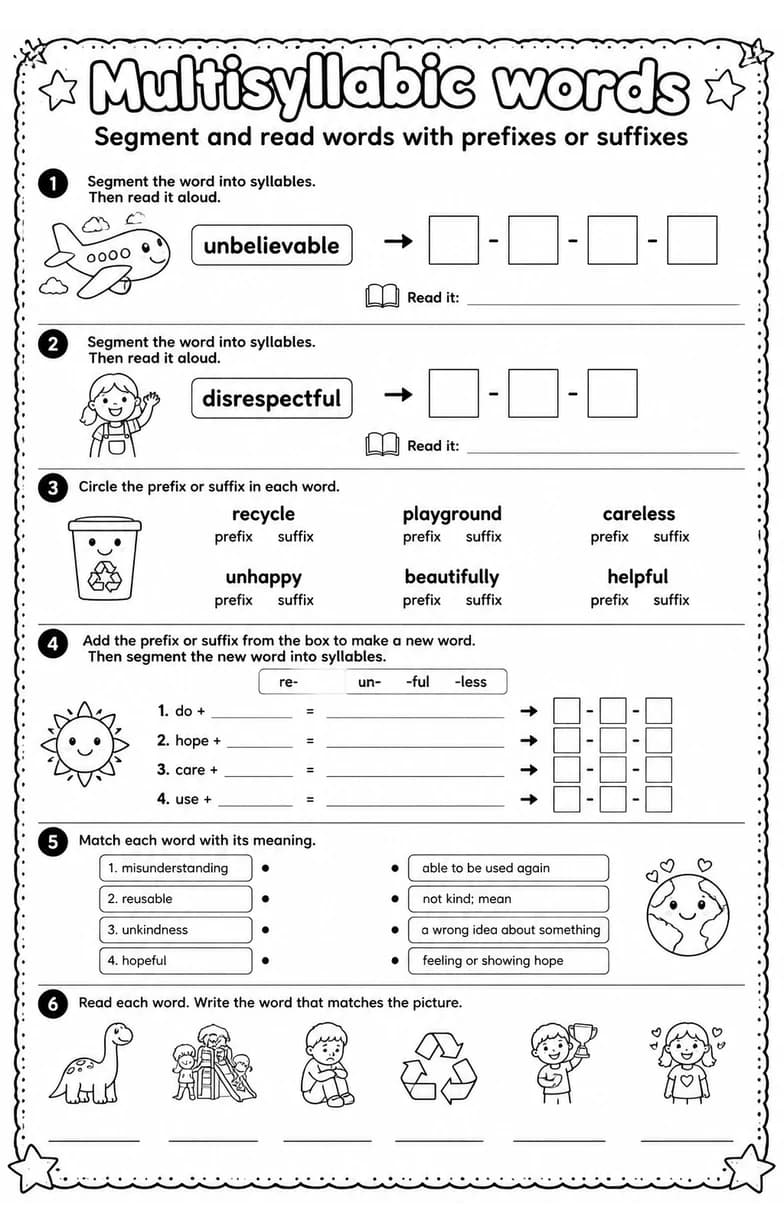 Segment and read words with prefixes or suffixes — free printable Grade 3 English & Reading worksheet
