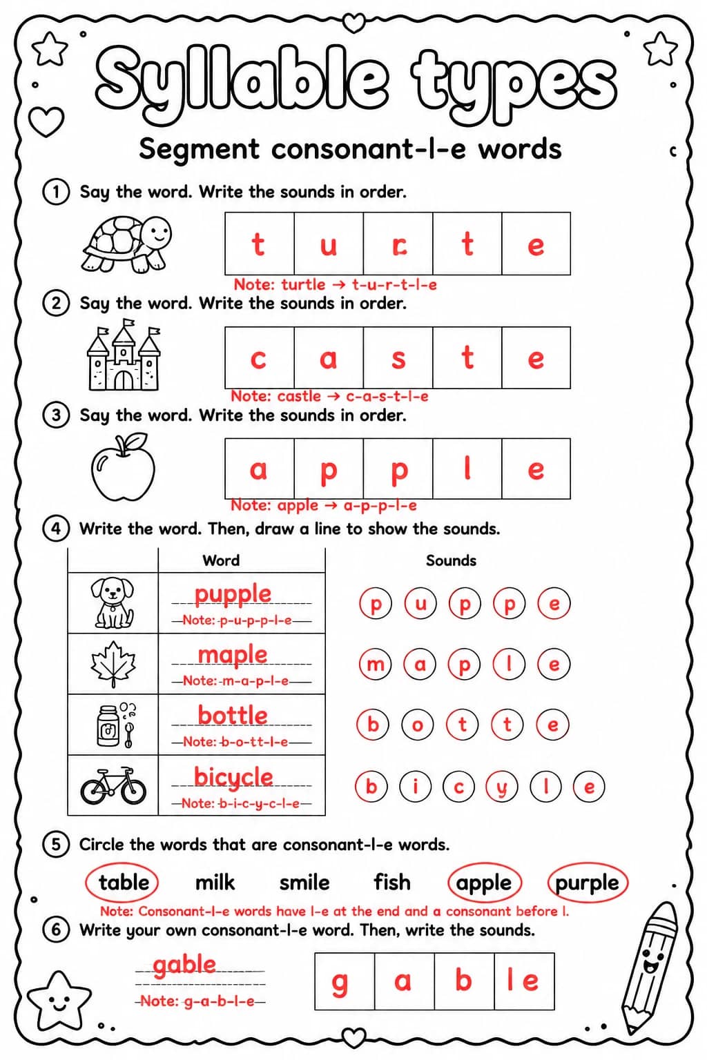 Answer key for Segment consonant-l-e words — free printable English & Reading worksheet