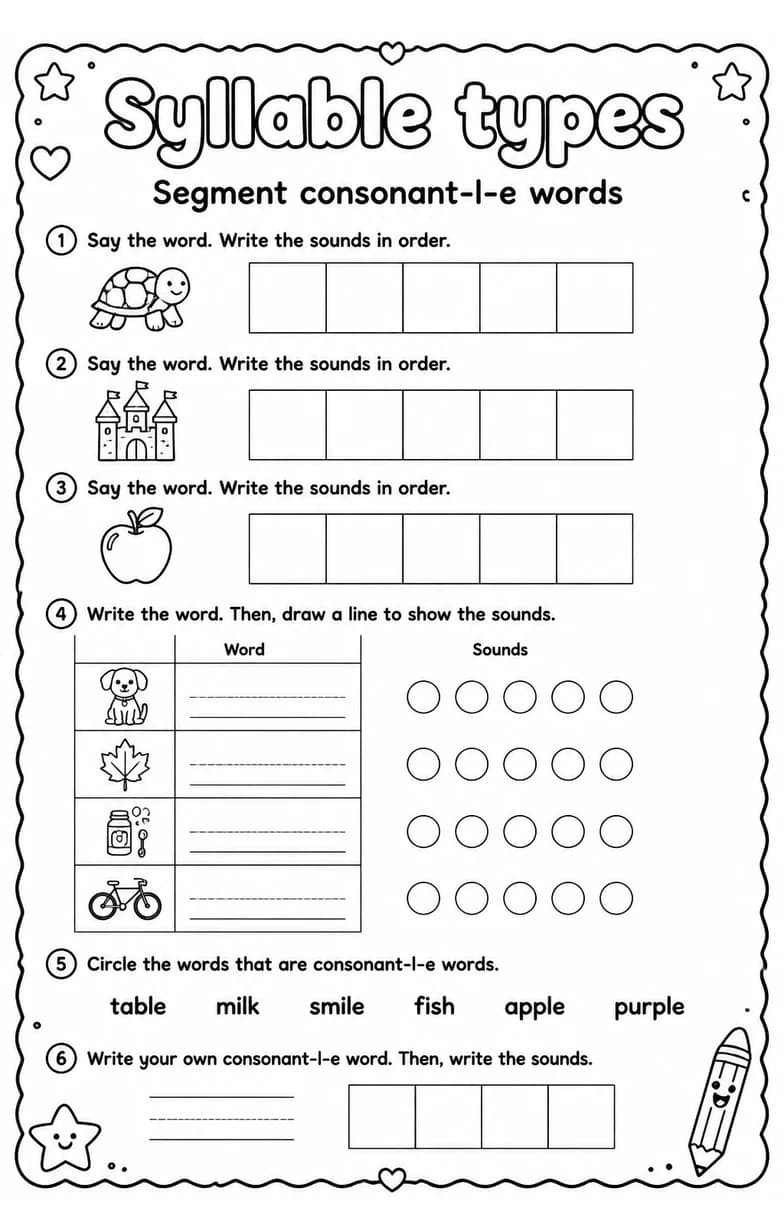 Segment consonant-l-e words — free printable Grade 2 English & Reading worksheet