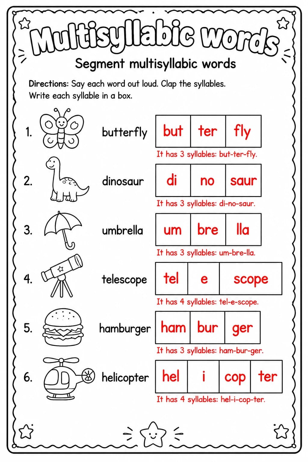 Answer key for Segment multisyllabic words — free printable English & Reading worksheet