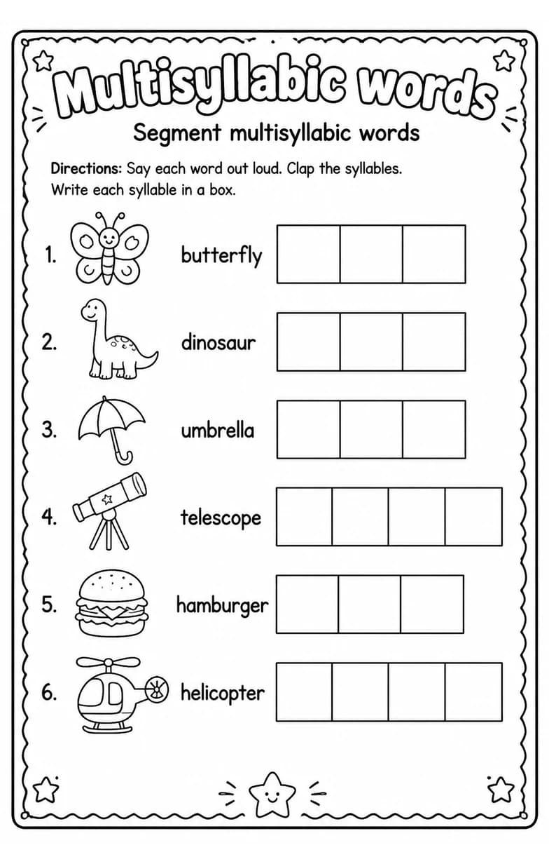 Segment multisyllabic words — free printable Reading foundations English worksheet