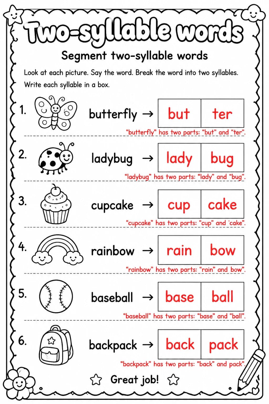 Answer key for Segment two-syllable words — free printable English & Reading worksheet
