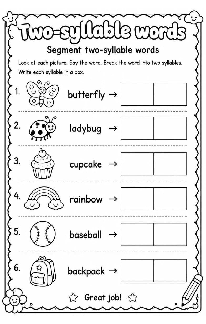 Segment two-syllable words — free printable Grade 1 English & Reading worksheet