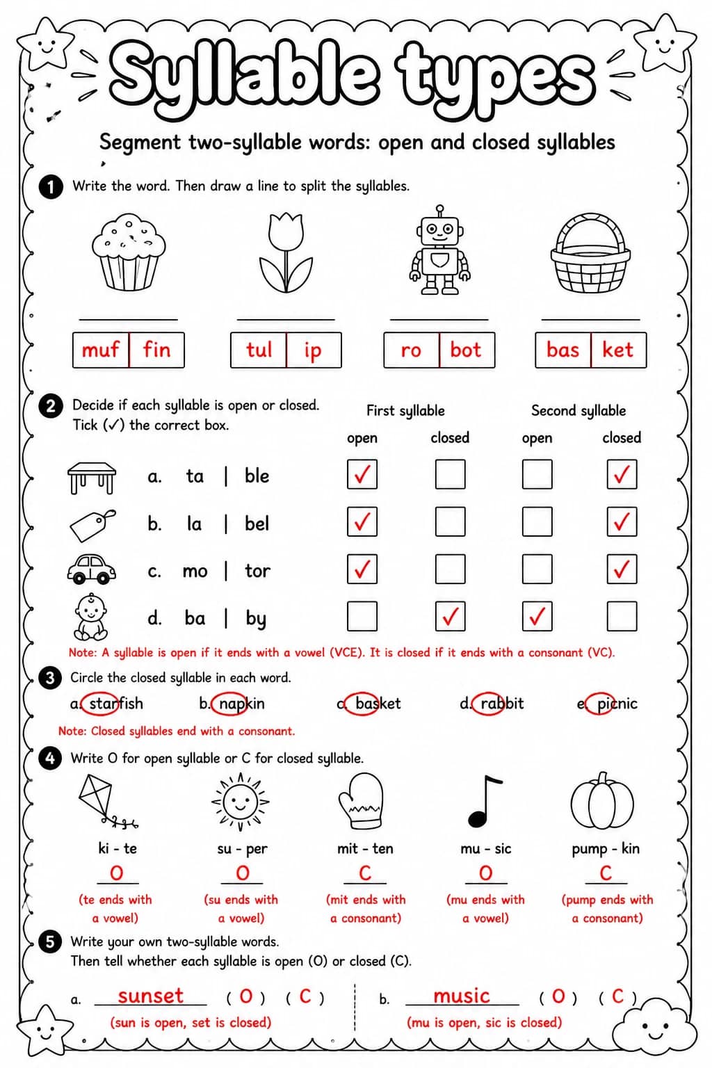 Answer key for Segment two-syllable words: open and closed syllables — free printable English & Reading worksheet
