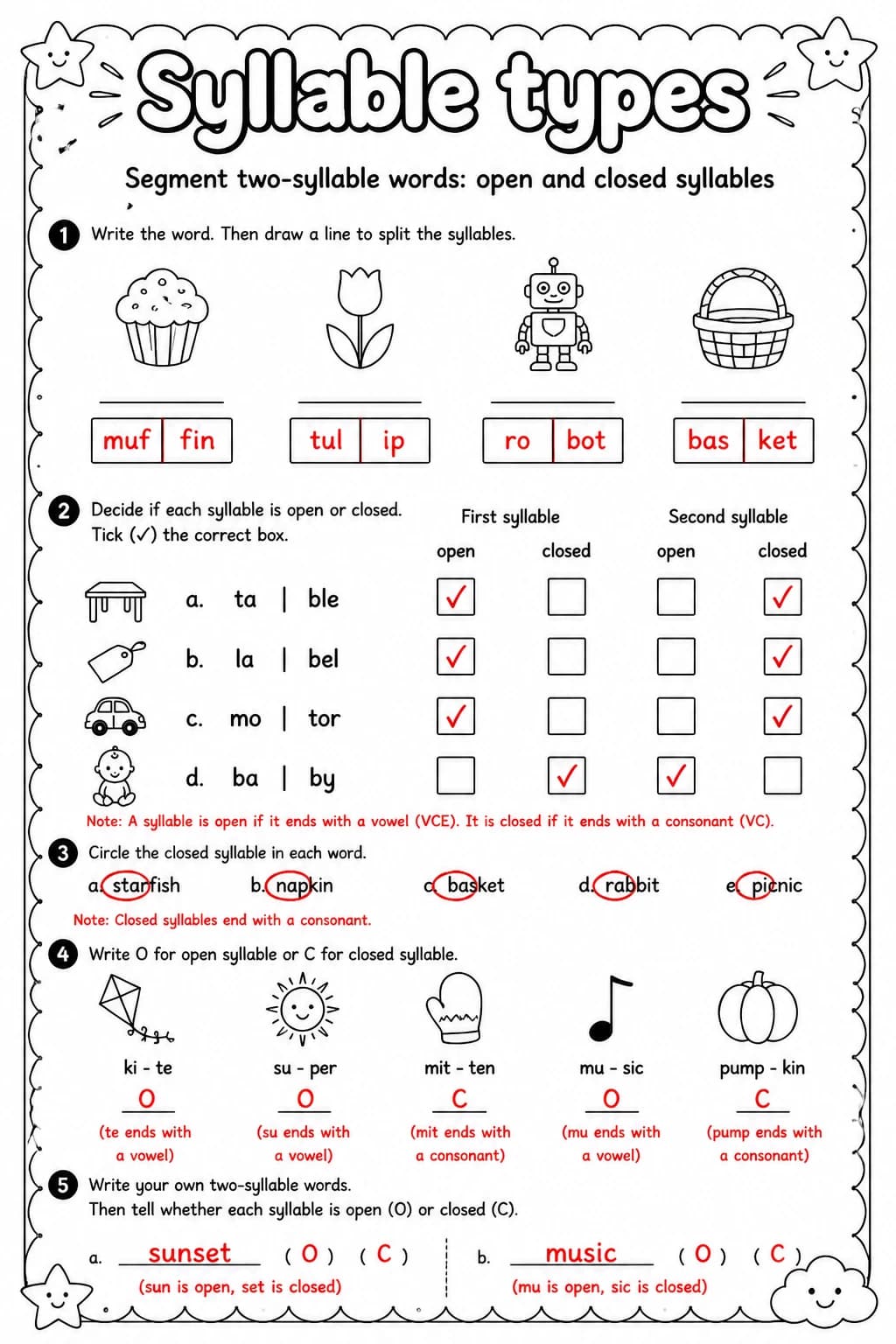 Answer key for Segment two-syllable words: open and closed syllables — free printable English & Reading worksheet