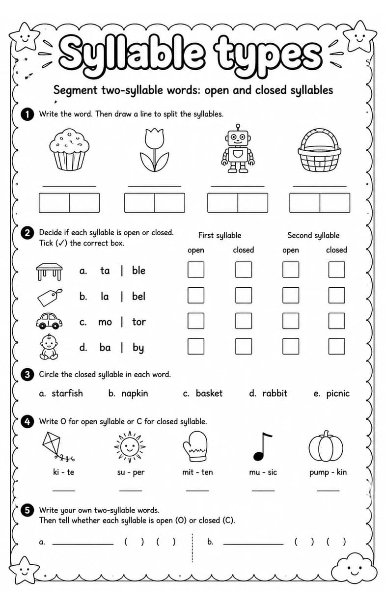 Segment two-syllable words: open and closed syllables — free printable Reading foundations English worksheet