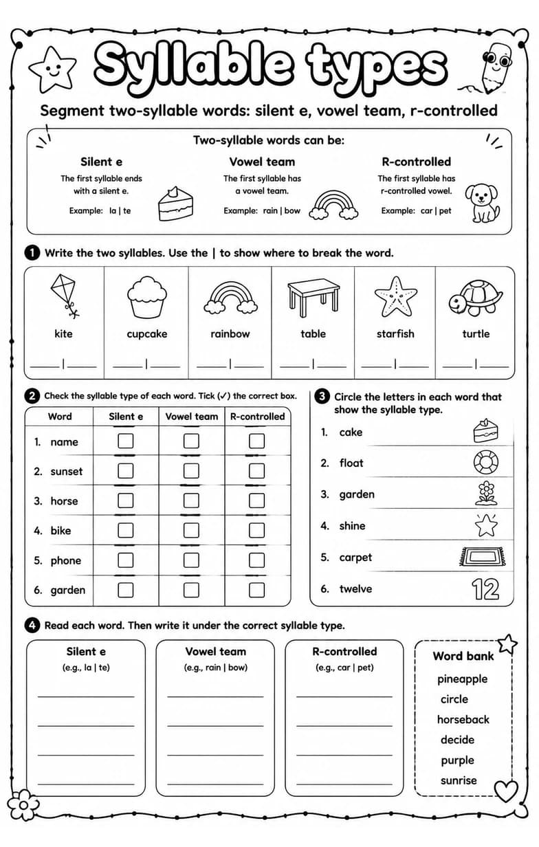 Segment two-syllable words: silent e, vowel team, r-controlled — free printable Grade 2 English & Reading worksheet