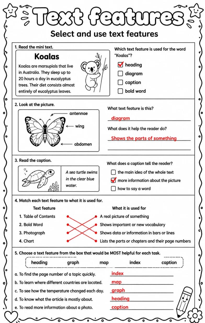 Answer key for Select and use text features — free printable English & Reading worksheet
