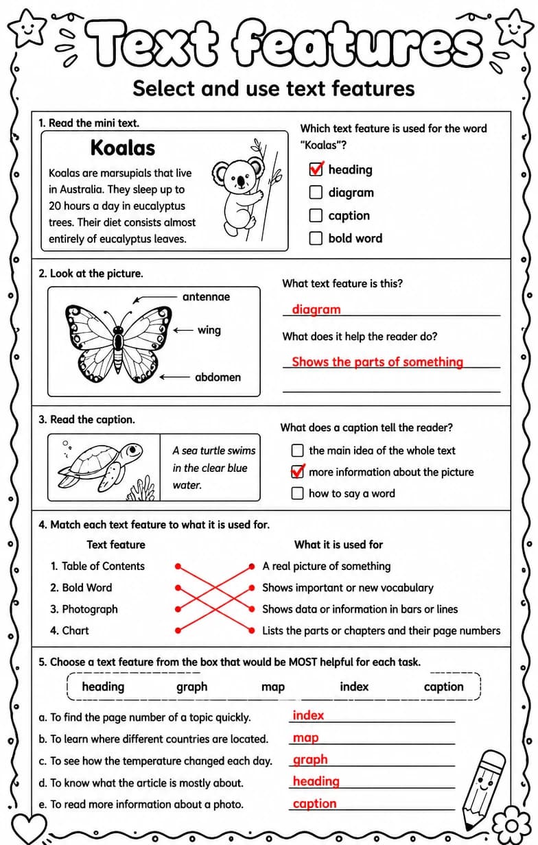 Answer key for Select and use text features — free printable English & Reading worksheet