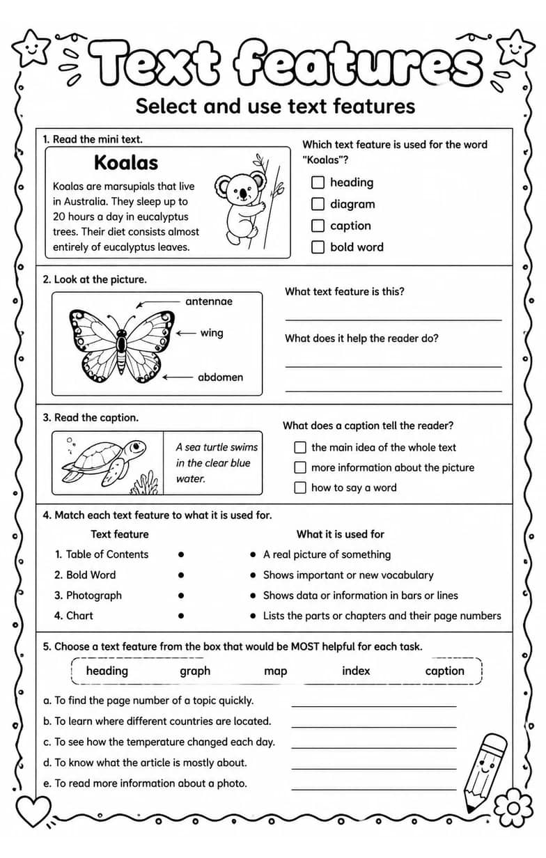 Select and use text features — free printable Reading strategies English worksheet