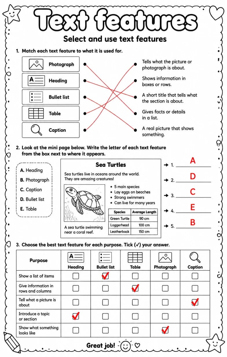 Answer key for Select and use text features — free printable English & Reading worksheet
