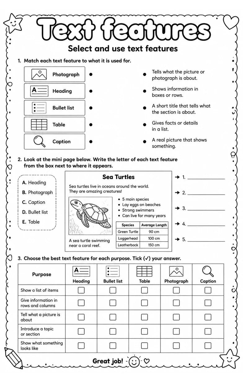 Select and use text features — free printable Reading strategies English worksheet