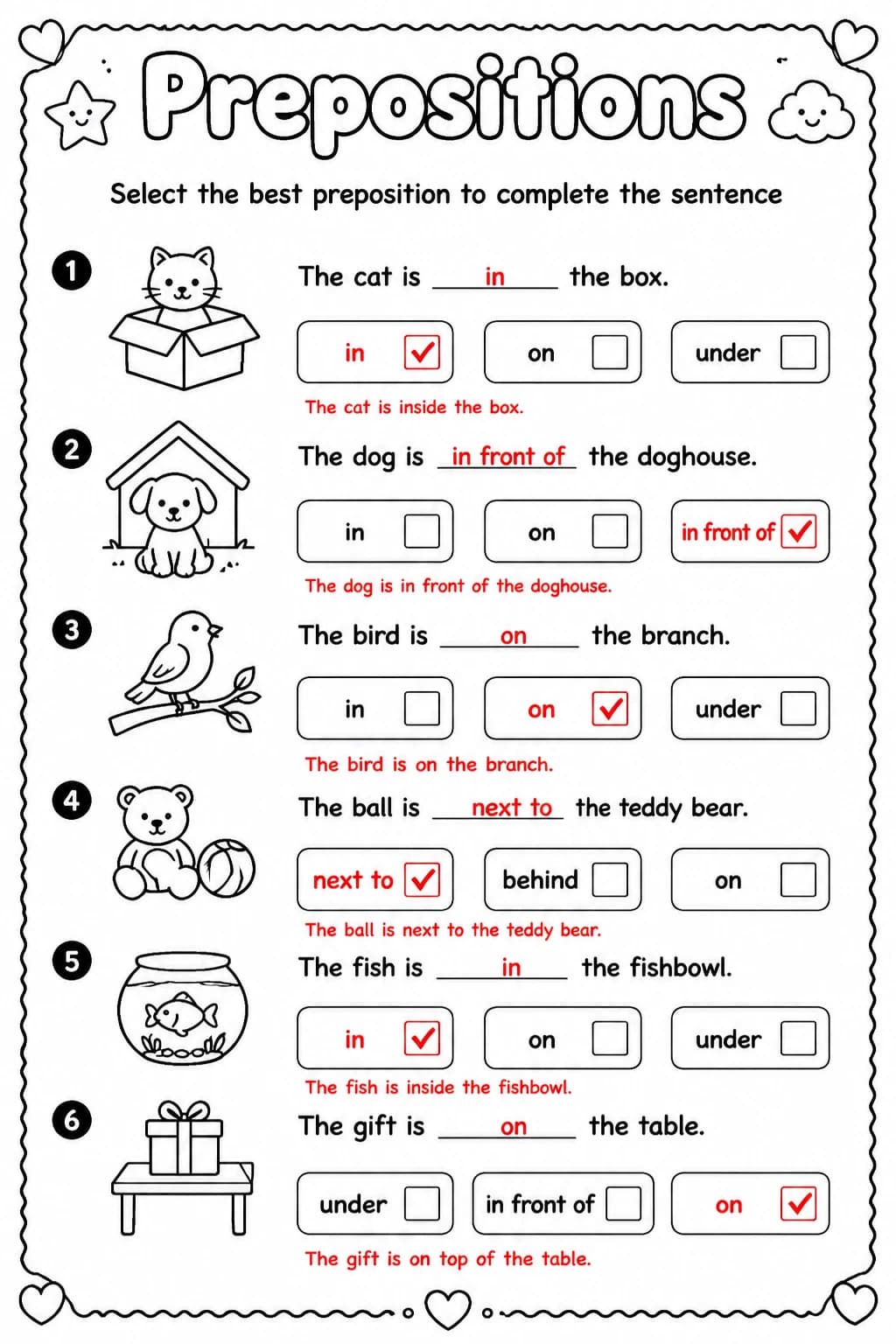 Answer key for Select the best preposition to complete the sentence — free printable English & Reading worksheet