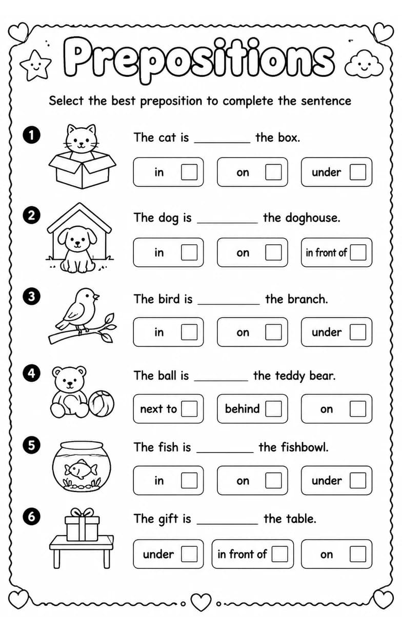 Select the best preposition to complete the sentence — free printable Grade 1 English & Reading worksheet