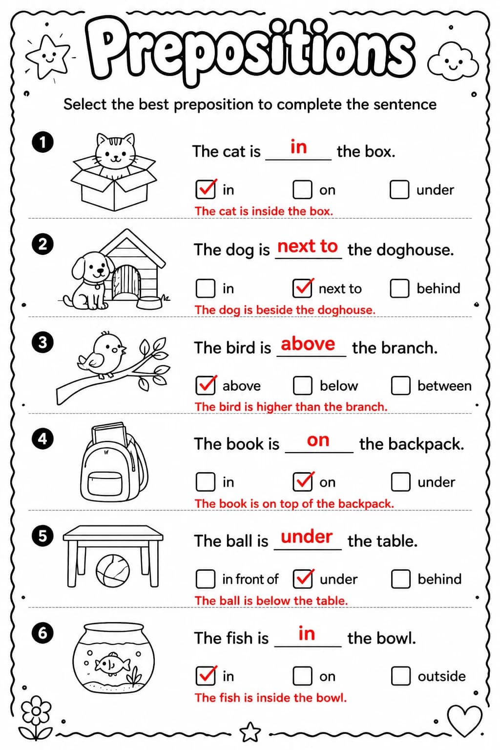 Answer key for Select the best preposition to complete the sentence — free printable English & Reading worksheet