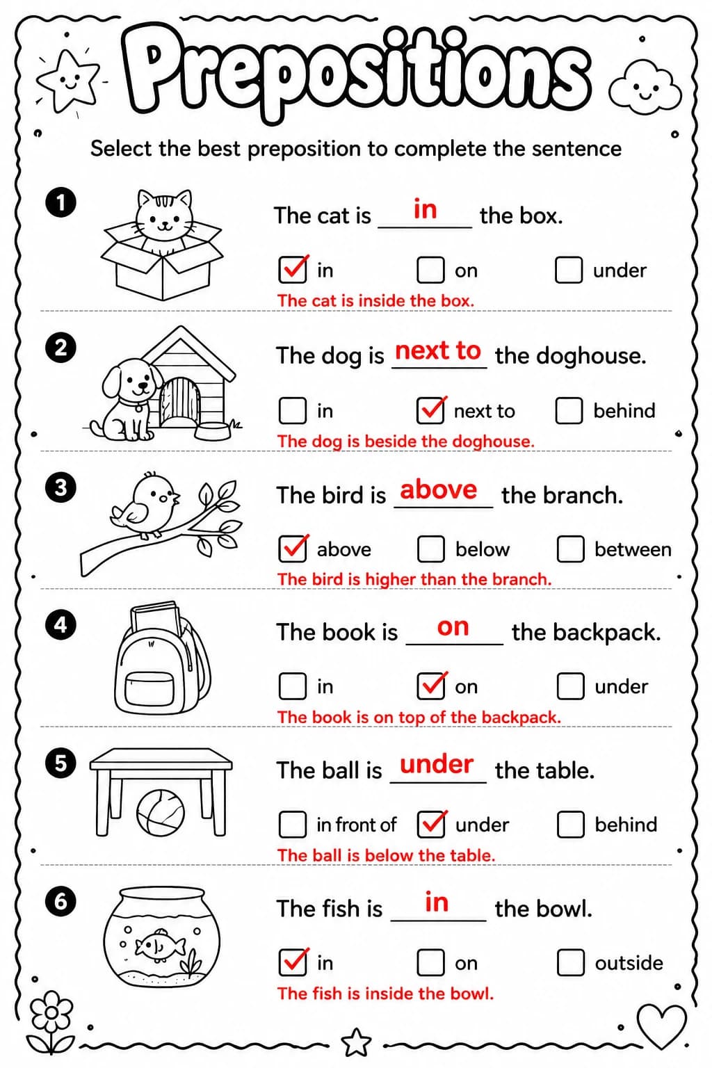 Answer key for Select the best preposition to complete the sentence — free printable English & Reading worksheet