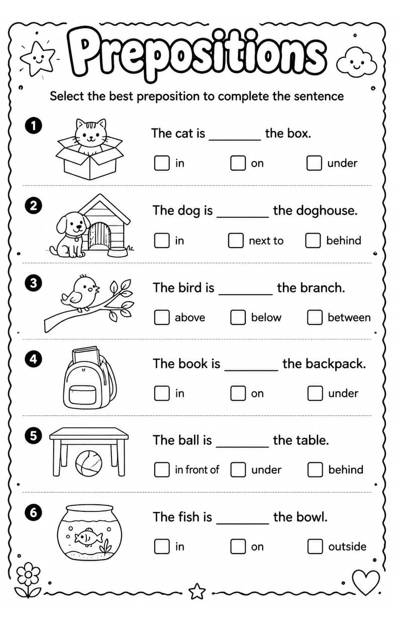 Select the best preposition to complete the sentence — free printable Grade 2 English & Reading worksheet