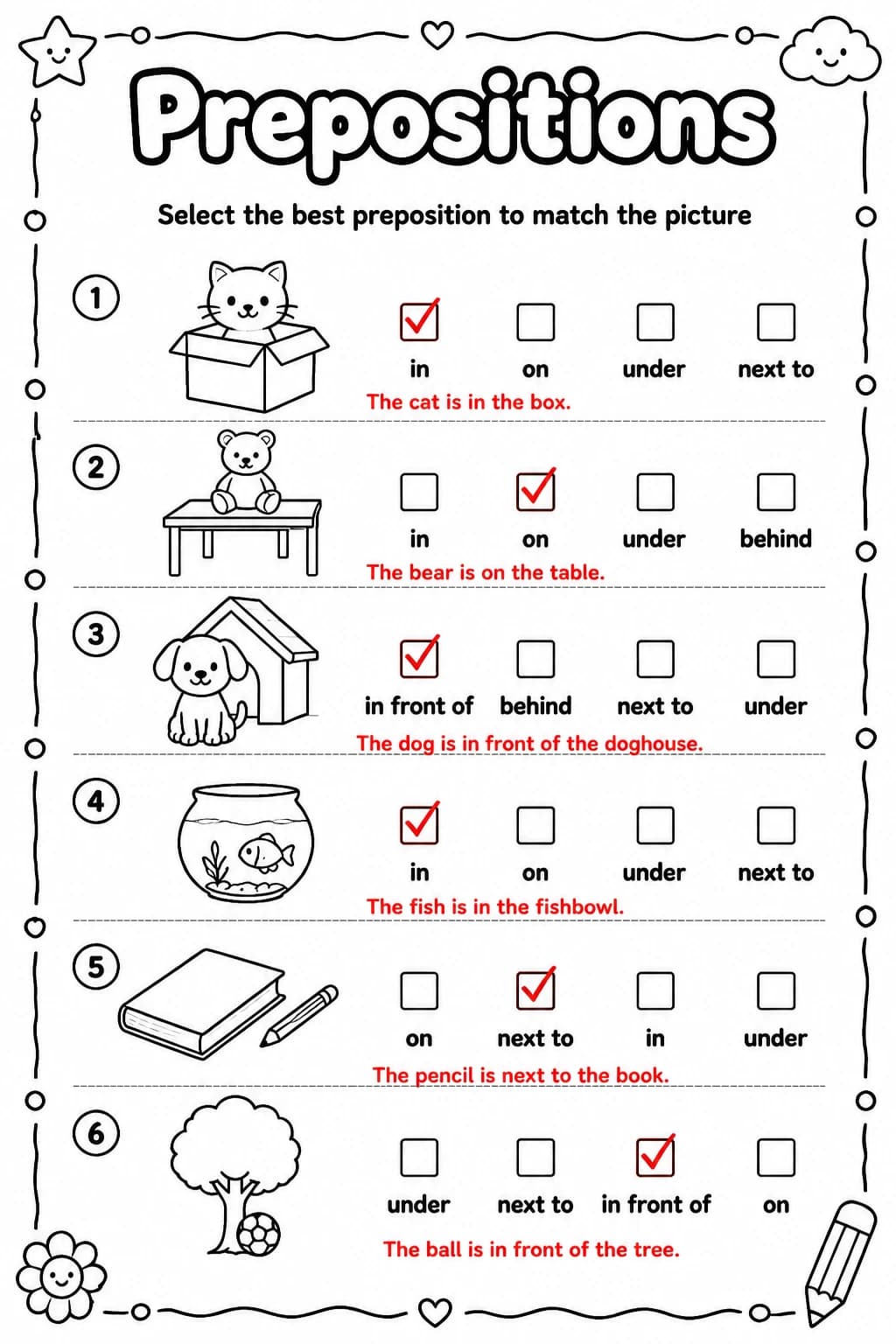 Answer key for Select the best preposition to match the picture — free printable English & Reading worksheet